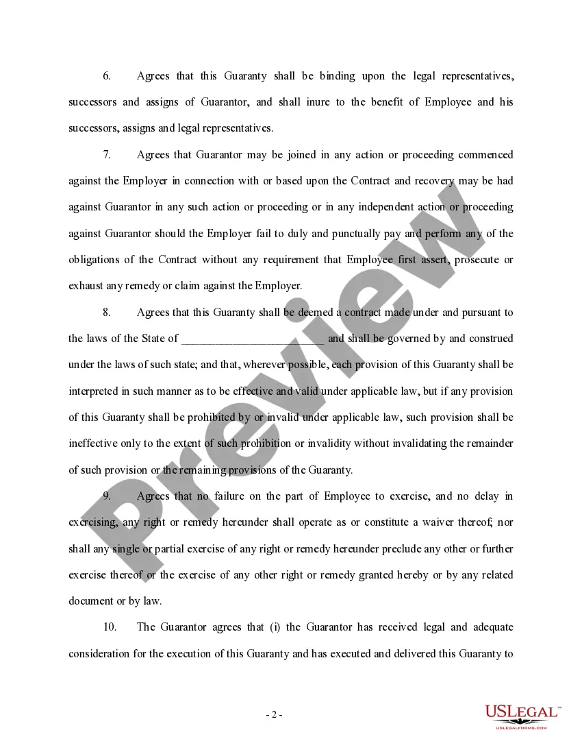 Preview Personal Guaranty of Employment Agreement Between Employer and Employee - Individual Employer