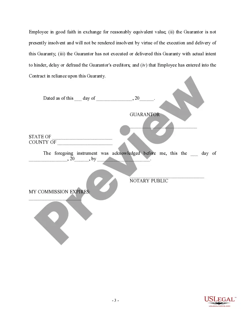 Preview Personal Guaranty of Employment Agreement Between Employer and Employee - Individual Employer