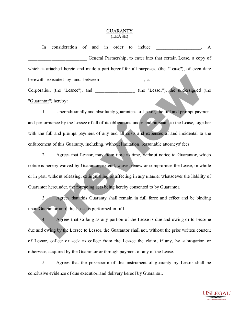 page 0 Personal Guaranty - Guarantee of Lease to Corporation preview
