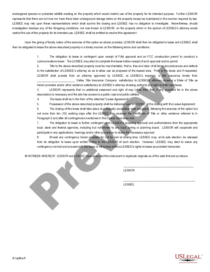 Preview Option to Lease Real Estate - Long Form