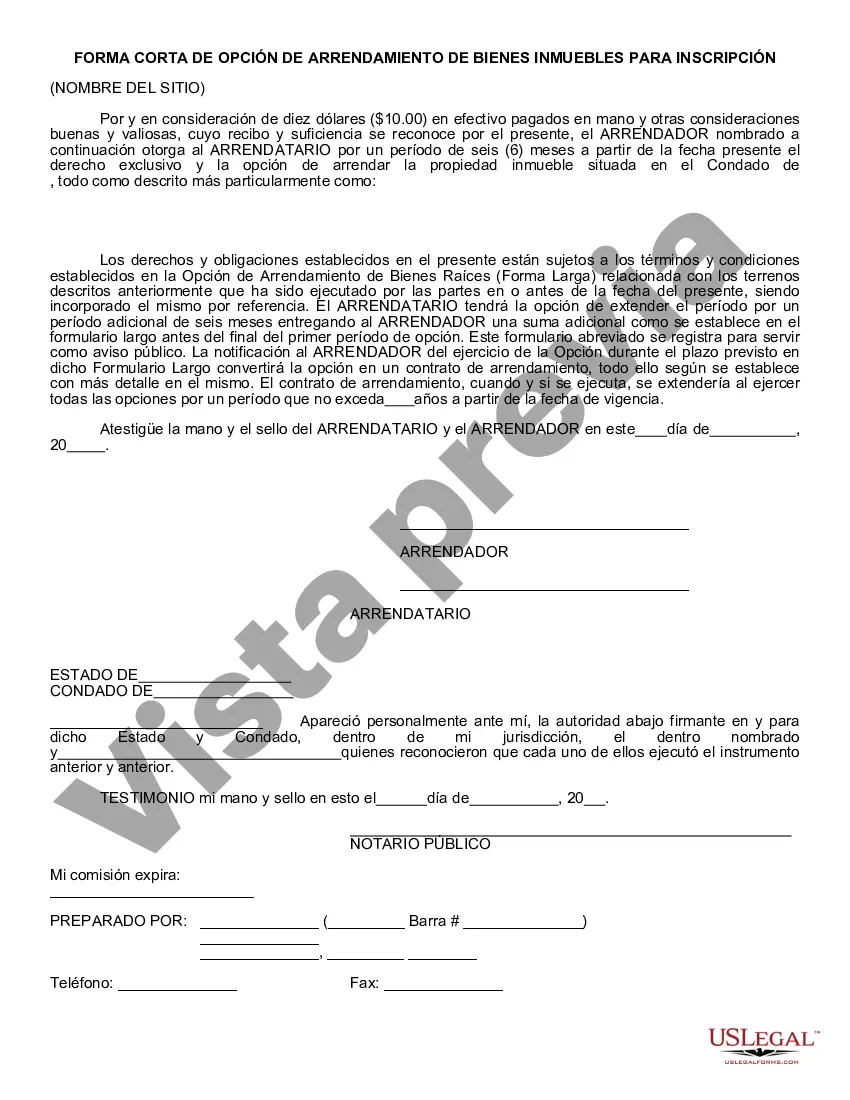 Preview Opción de Arrendamiento de Bienes Raíces - Forma abreviada para registrar