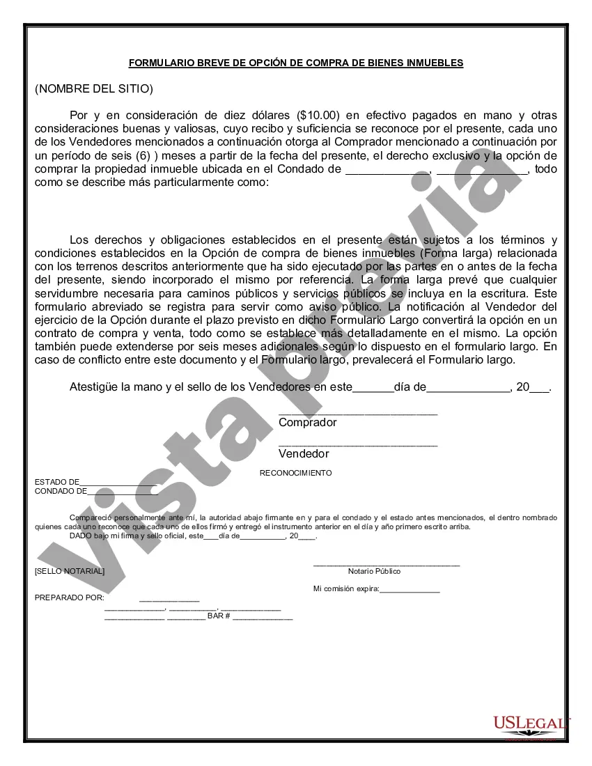 Preview Opción de Compra de Bienes Raíces - Forma Corta