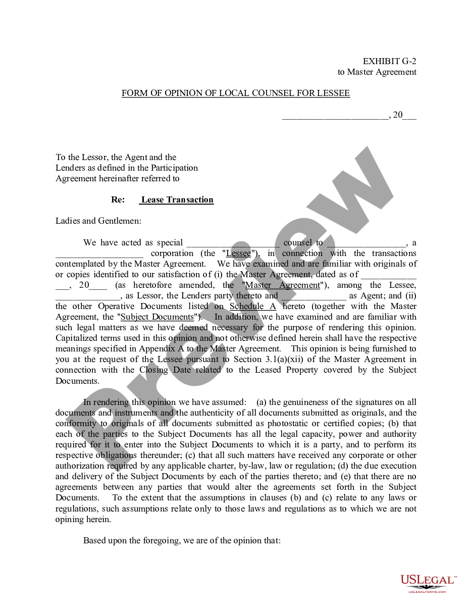page 0 Form of Opinion of Local Counsel for Lessee preview