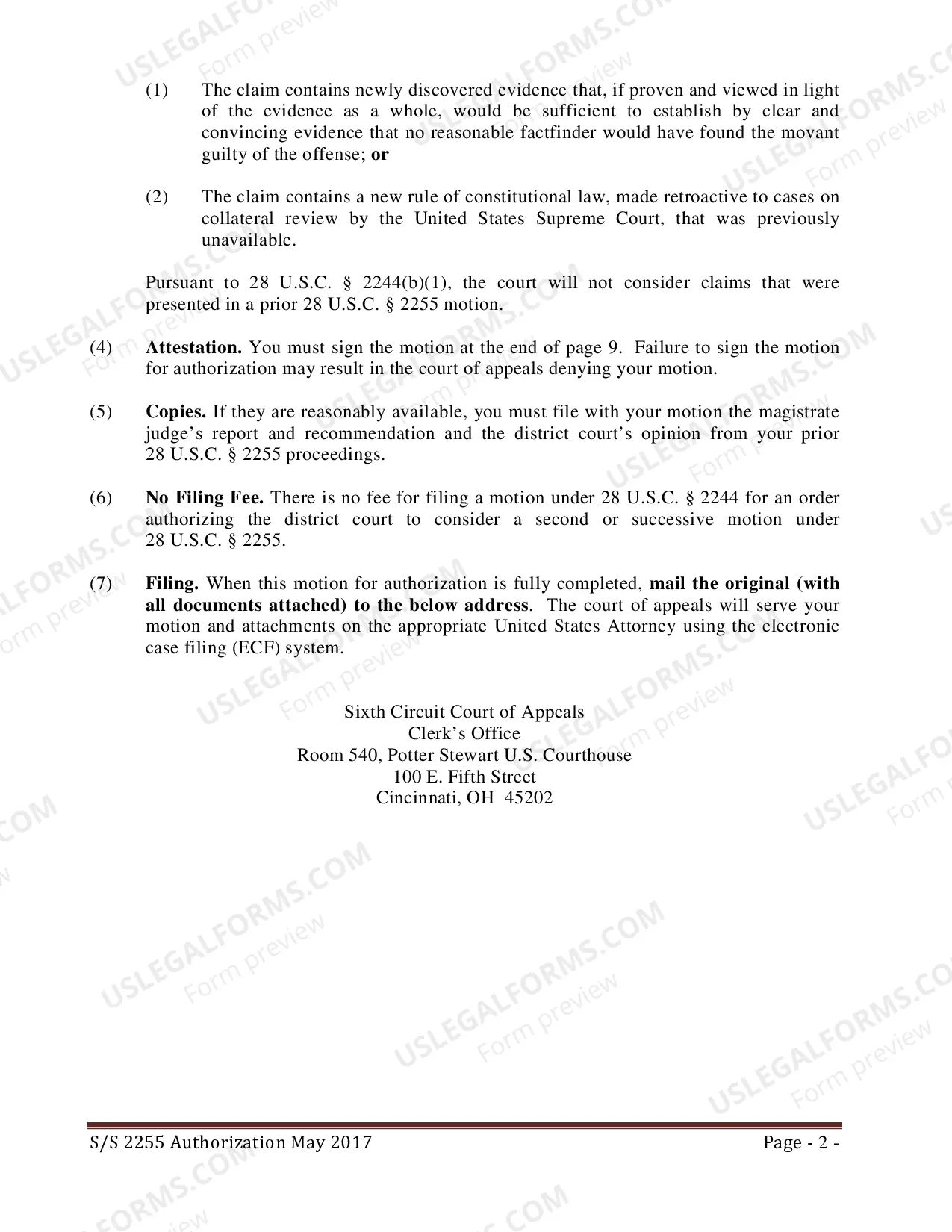 Preview Application for Second or Successive Petition Under 28 U.S.C. 2255 (federal)