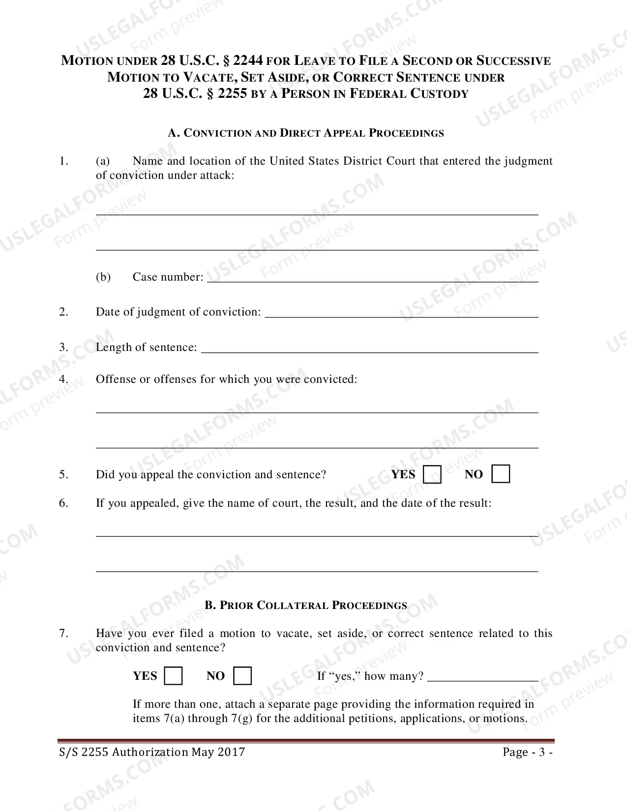 Preview Application for Second or Successive Petition Under 28 U.S.C. 2255 (federal)