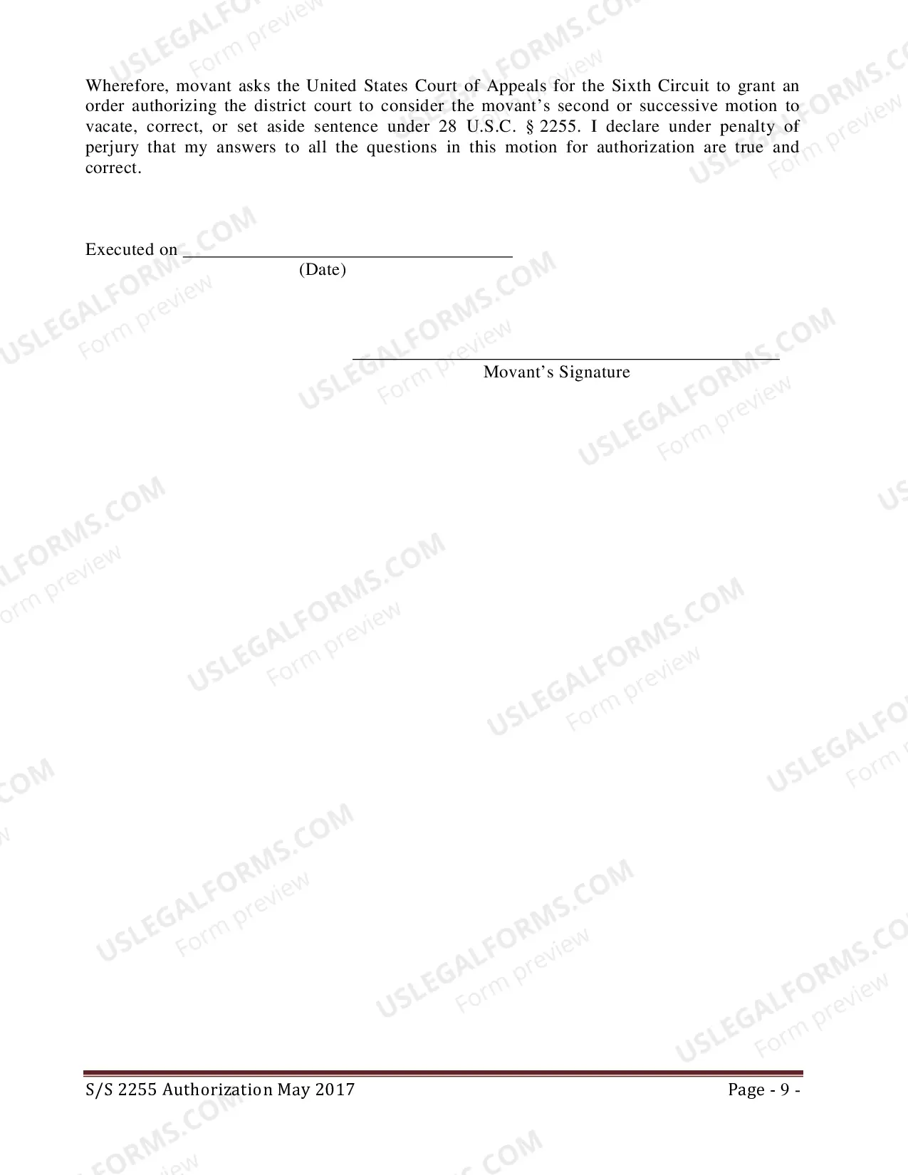 Preview Application for Second or Successive Petition Under 28 U.S.C. 2255 (federal)