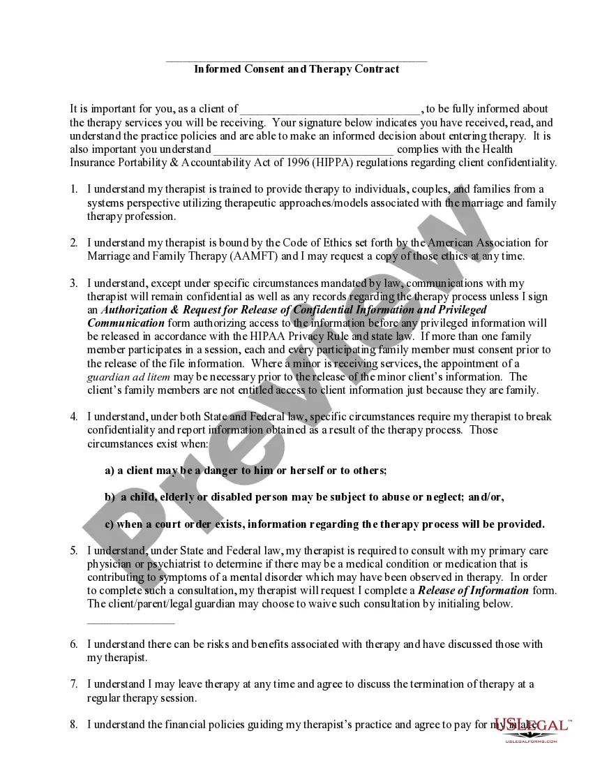 Preview Informed Consent Form for Family and Marriage Therapy