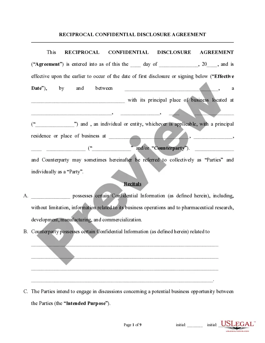 Preview Reciprocal Confidientiality Agreement