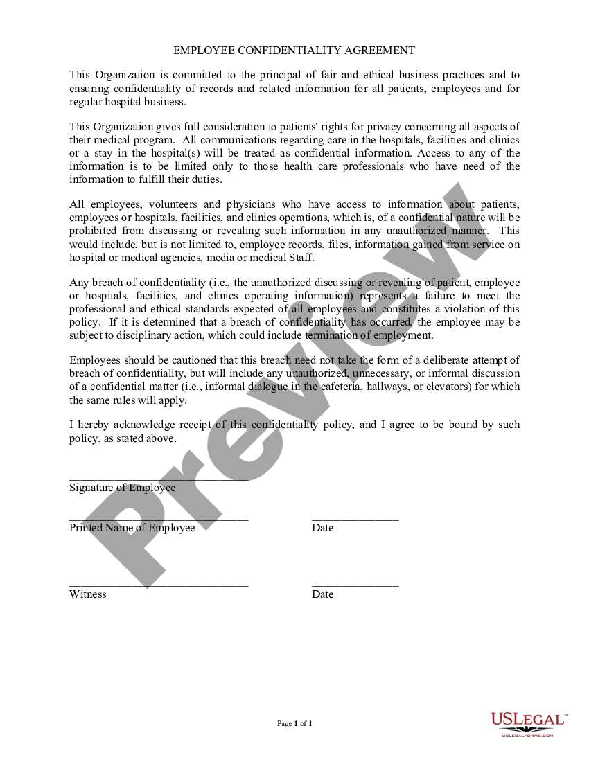 Healthcare System Employee Confidentiality Agreement | US Legal Forms