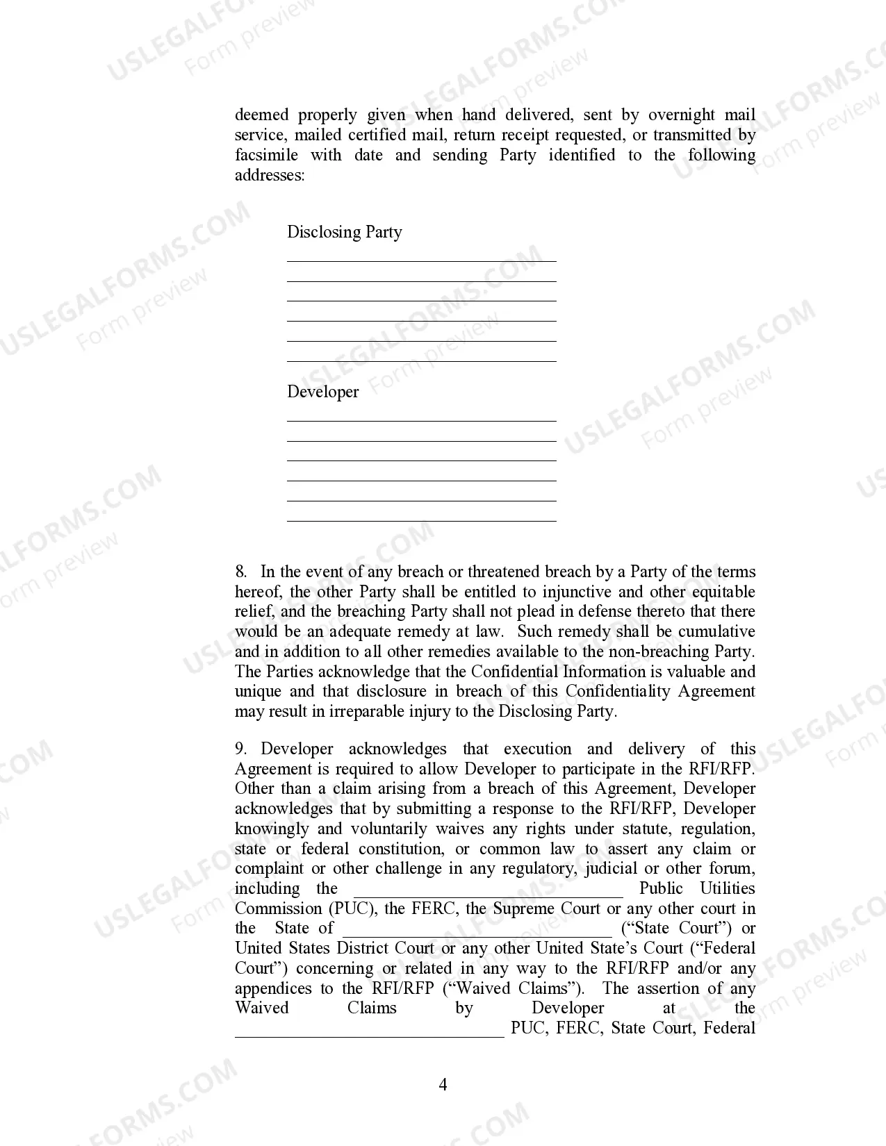 Preview Confidentiality Agreement between Electric Company and Developer