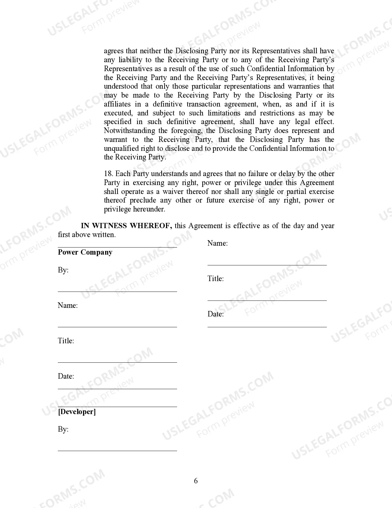 Preview Confidentiality Agreement between Electric Company and Developer