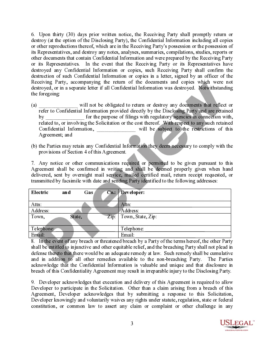 Preview Confidentiality Agreement between a Gas and Electric Utility Company and a Developer specifically for Non-Pipes Alternative Solicitation