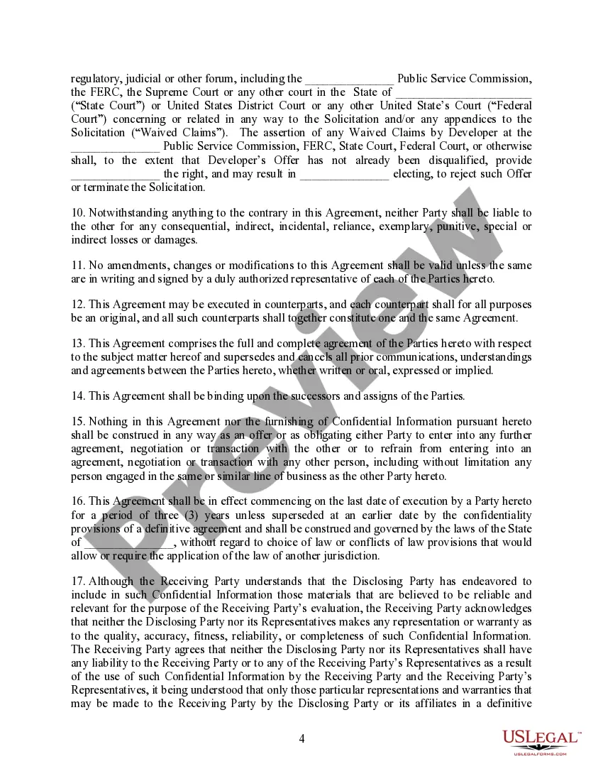 Preview Confidentiality Agreement between a Gas and Electric Utility Company and a Developer specifically for Non-Pipes Alternative Solicitation