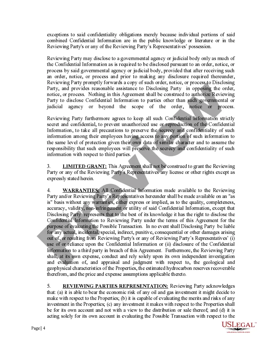 Preview Confidentiality Agreement for Offshore Operations without Limited Disclosure Clause