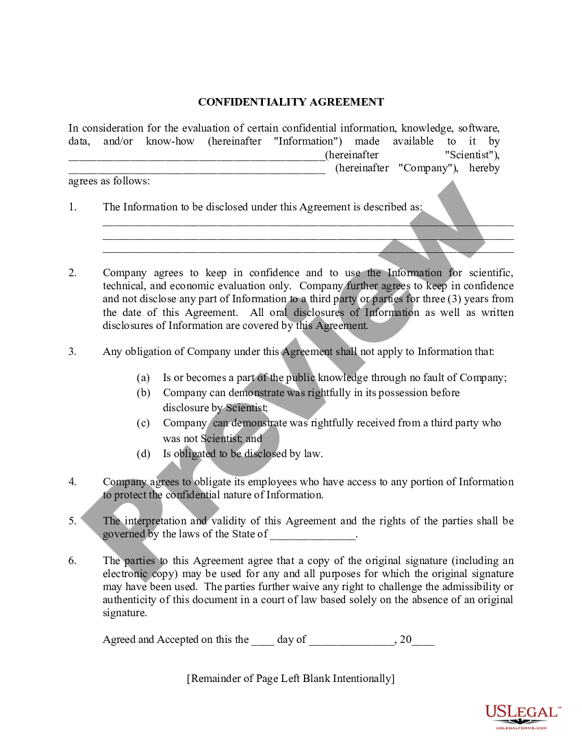 Confidentiality Agreement between Scientist and Outside Company ...