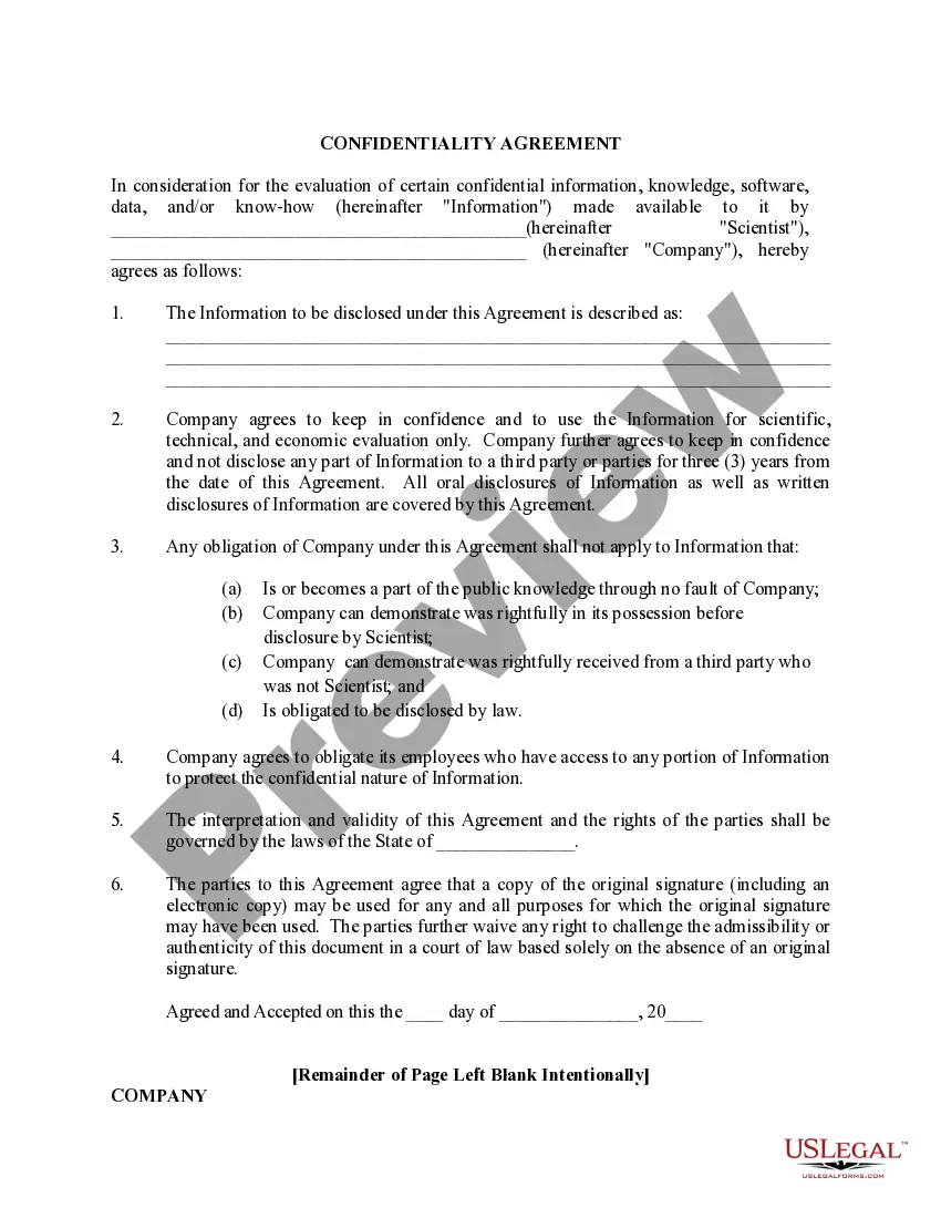 Preview Confidentiality Agreement between Scientist and Outside Company concerning Employer permission to disclose Confidential Information