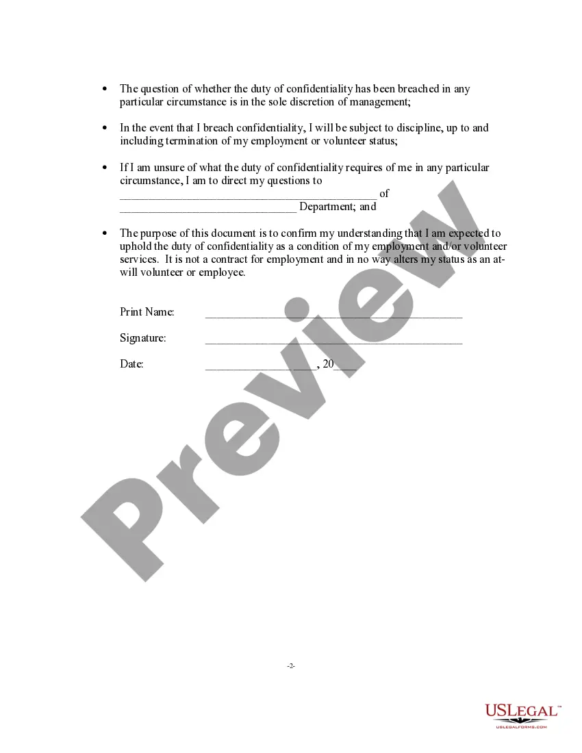 Preview Confidentiality Agreement between Employee and Employer