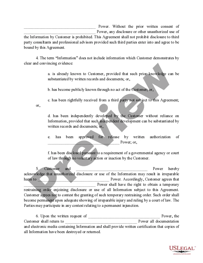 Preview Confidentiality Agreement for Power Company providing Distributed Generation System