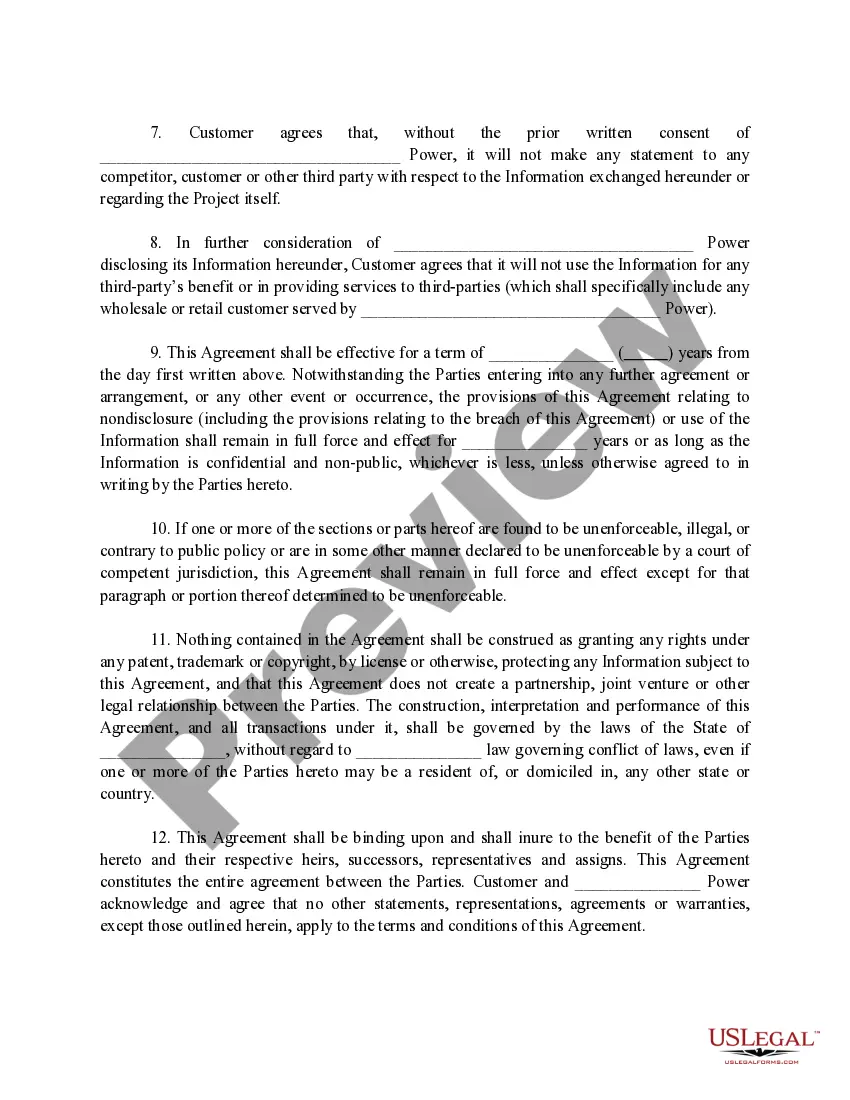 Preview Confidentiality Agreement for Power Company providing Distributed Generation System
