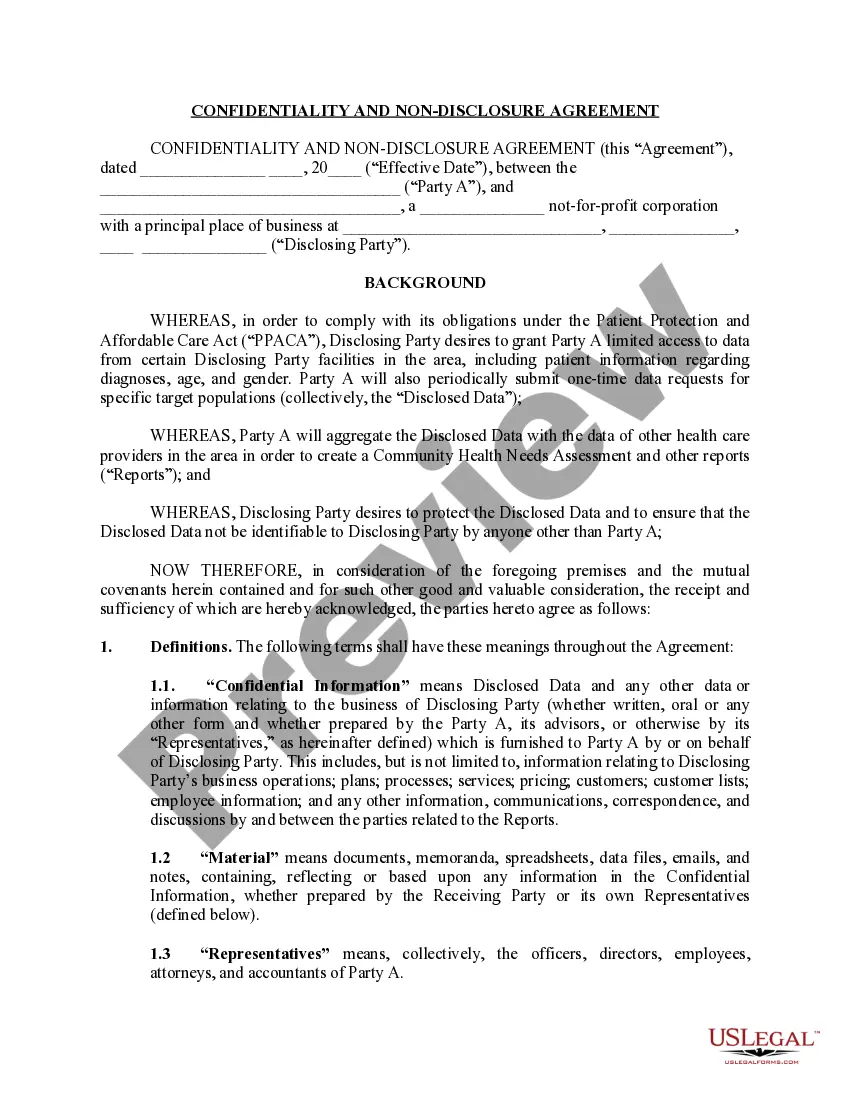 Preview Confidentiality Agreement and Non-Disclosure between Party and Healthcare Provider for purposes of creating a Community Health Needs Assesment and Other Reports