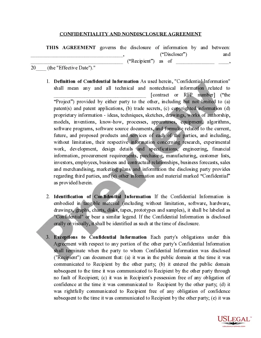 Preview Confidentiality and Non-Disclosure Agreement for International Party regarding Confidential Information provided to Recipient.  