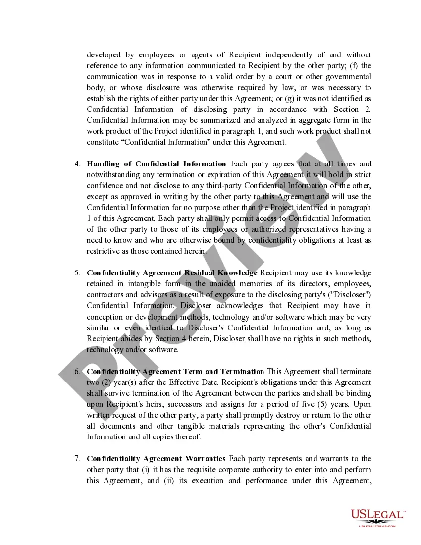 Preview Confidentiality and Non-Disclosure Agreement for International Party regarding Confidential Information provided to Recipient.