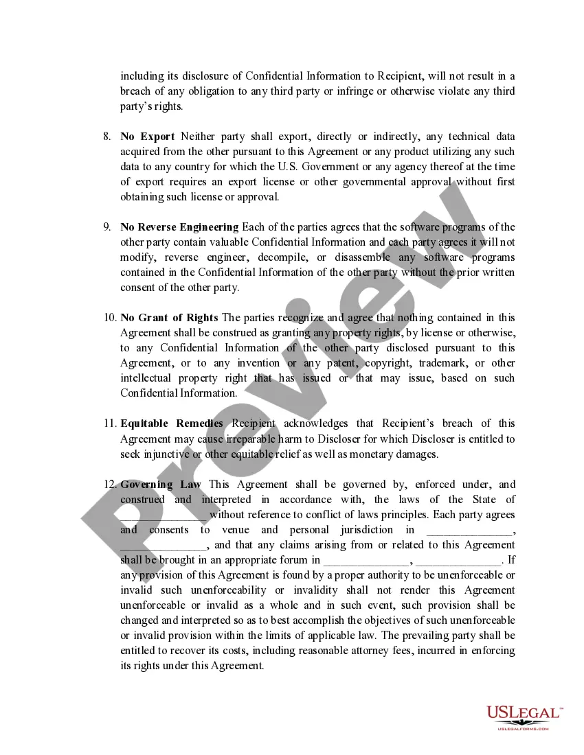 Preview Confidentiality and Non-Disclosure Agreement for International Party regarding Confidential Information provided to Recipient.