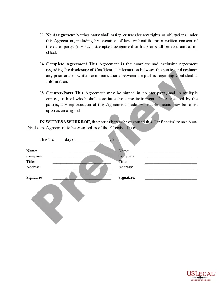 Preview Confidentiality and Non-Disclosure Agreement for International Party regarding Confidential Information provided to Recipient.