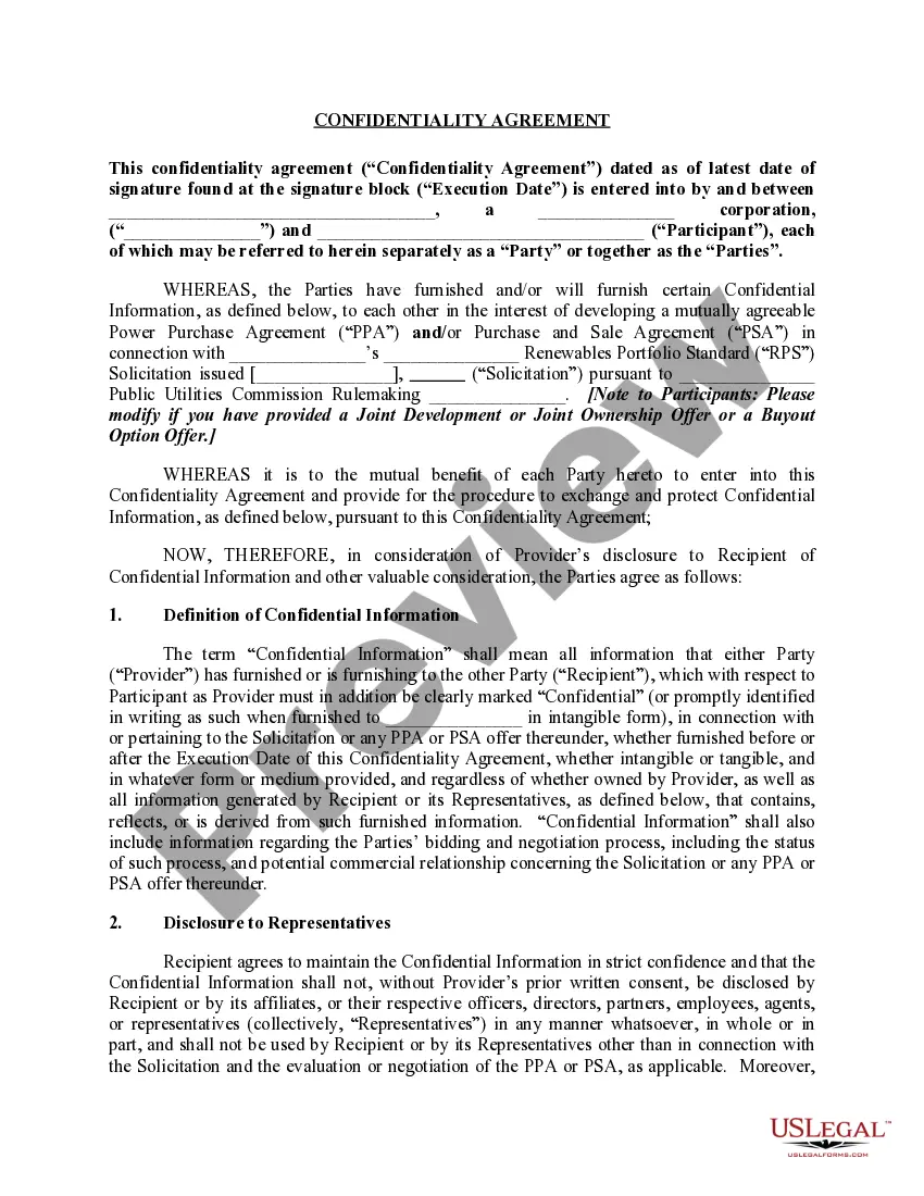 Preview Confidentiality Agreement between a Party/Company and Utility Provider for deceloping a Power Purchase Agreement or Purchase Sale Agreement
