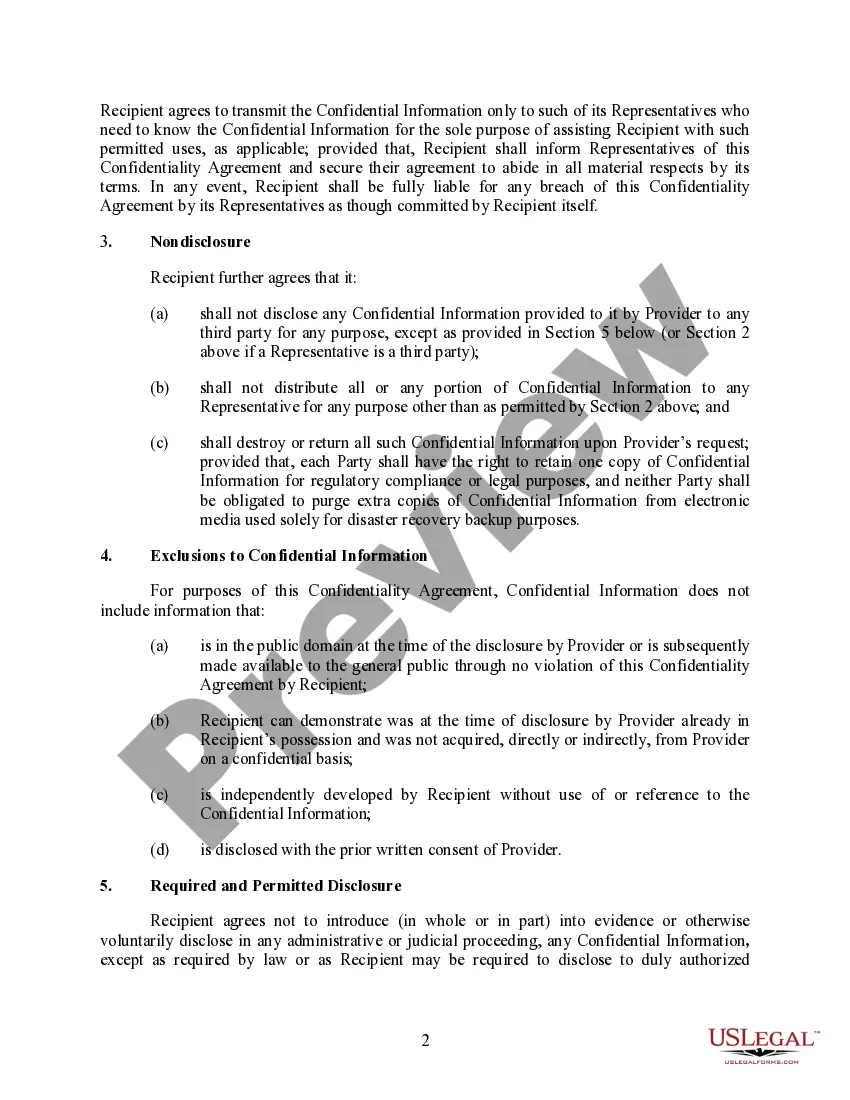 Preview Confidentiality Agreement between a Party/Company and Utility Provider for deceloping a Power Purchase Agreement or Purchase Sale Agreement