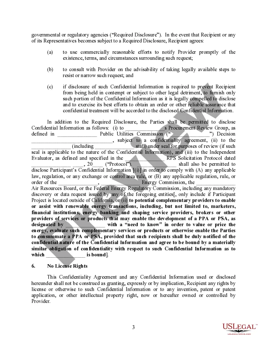 Preview Confidentiality Agreement between a Party/Company and Utility Provider for deceloping a Power Purchase Agreement or Purchase Sale Agreement