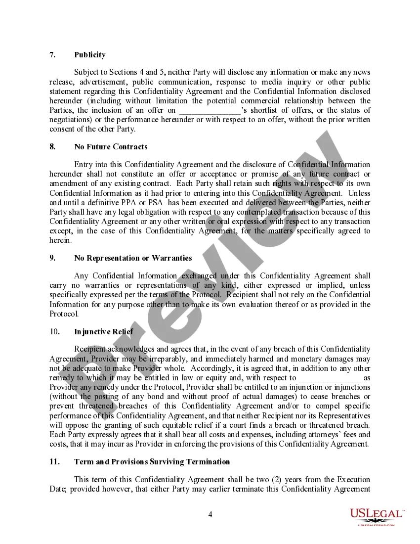 Preview Confidentiality Agreement between a Party/Company and Utility Provider for deceloping a Power Purchase Agreement or Purchase Sale Agreement