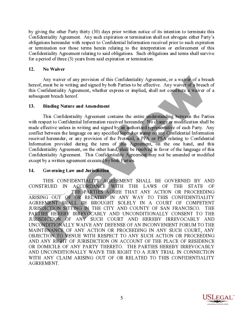 Preview Confidentiality Agreement between a Party/Company and Utility Provider for deceloping a Power Purchase Agreement or Purchase Sale Agreement