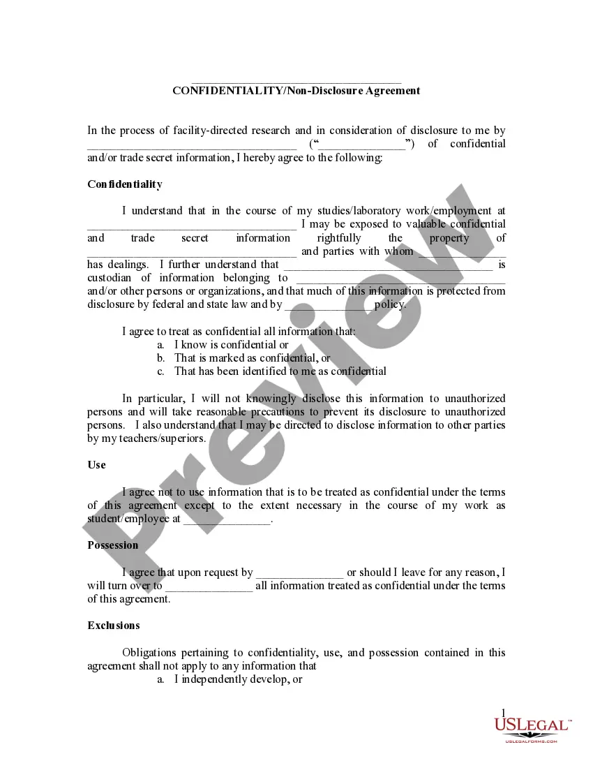 Preview Condidentiality Agreement for Employees/Students at a University or other Higher Learning Institution 