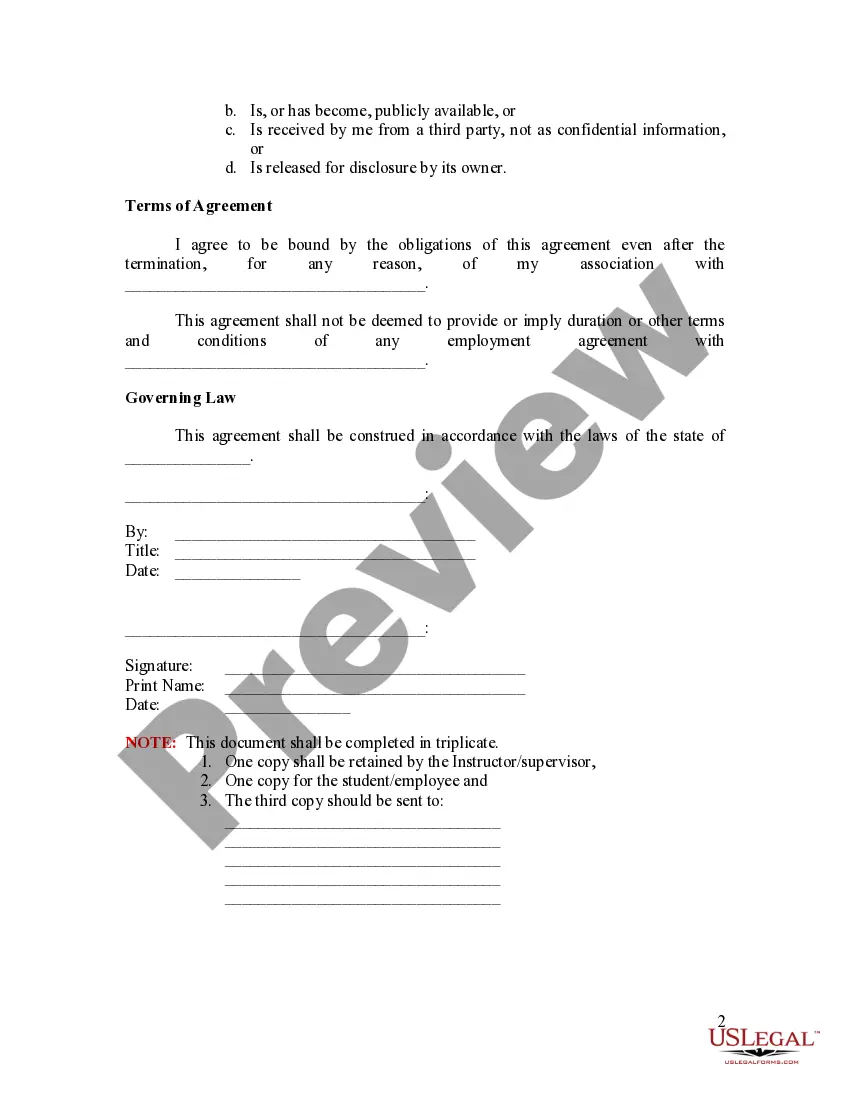 Preview Condidentiality Agreement for Employees/Students at a University or other Higher Learning Institution