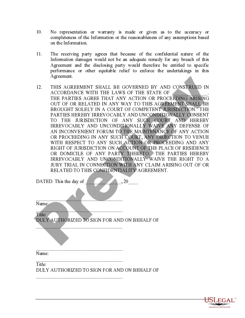 Preview Confidentiality Agreement between Parties for Evaluation for Potential Business Venture