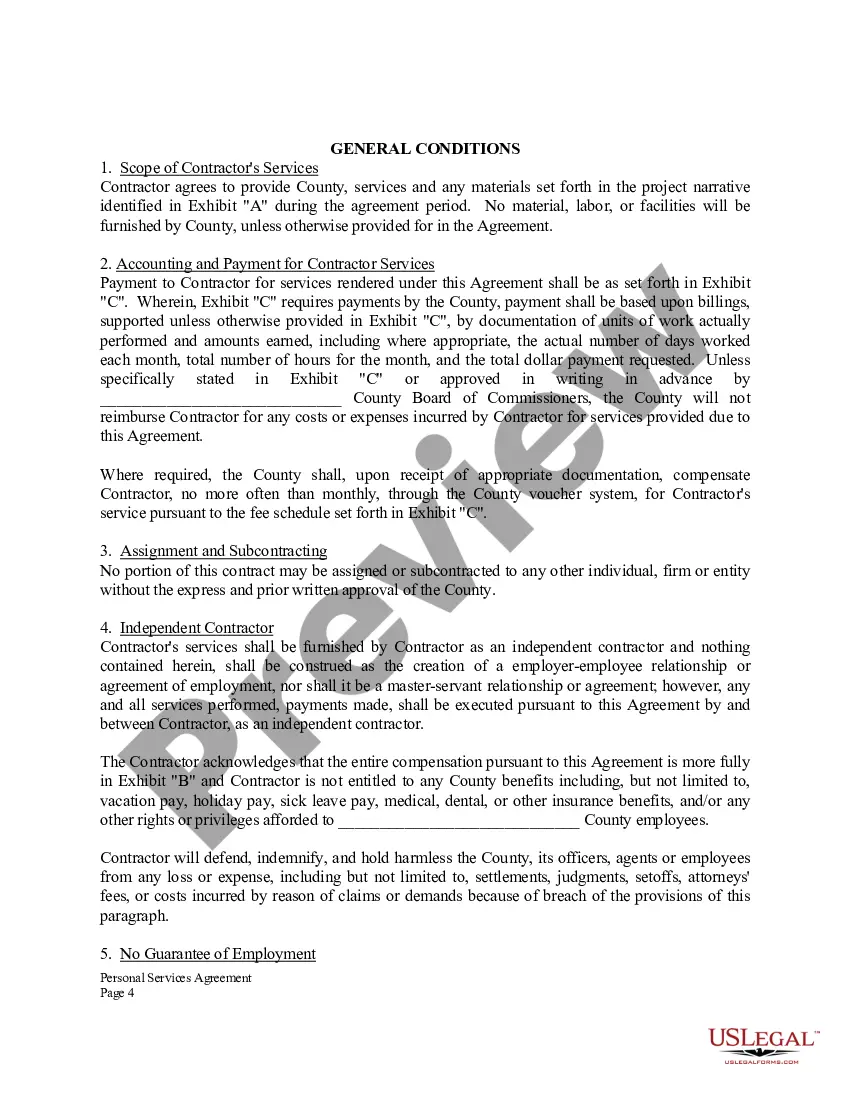 Preview Personal Services Agreement for Independent Contractor and County