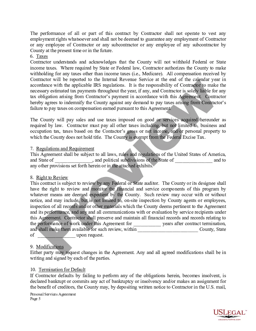 Preview Personal Services Agreement for Independent Contractor and County