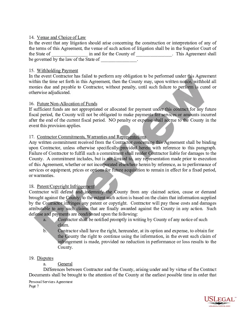 Preview Personal Services Agreement for Independent Contractor and County