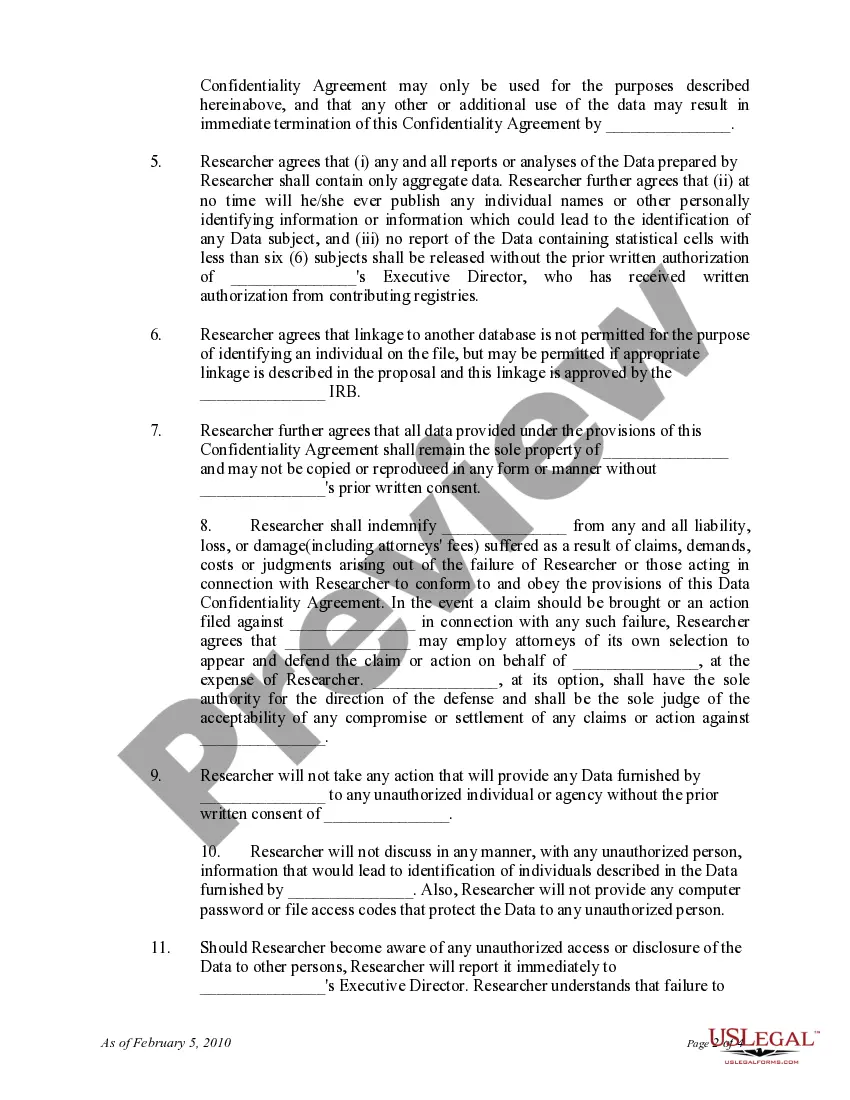 Preview Confidentiality Agreement between Researcher and Research Company 's Internation Review Board