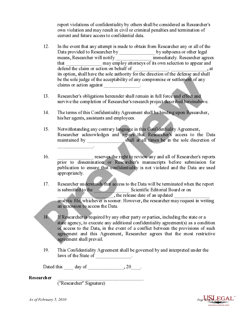 Preview Confidentiality Agreement between Researcher and Research Company 's Internation Review Board