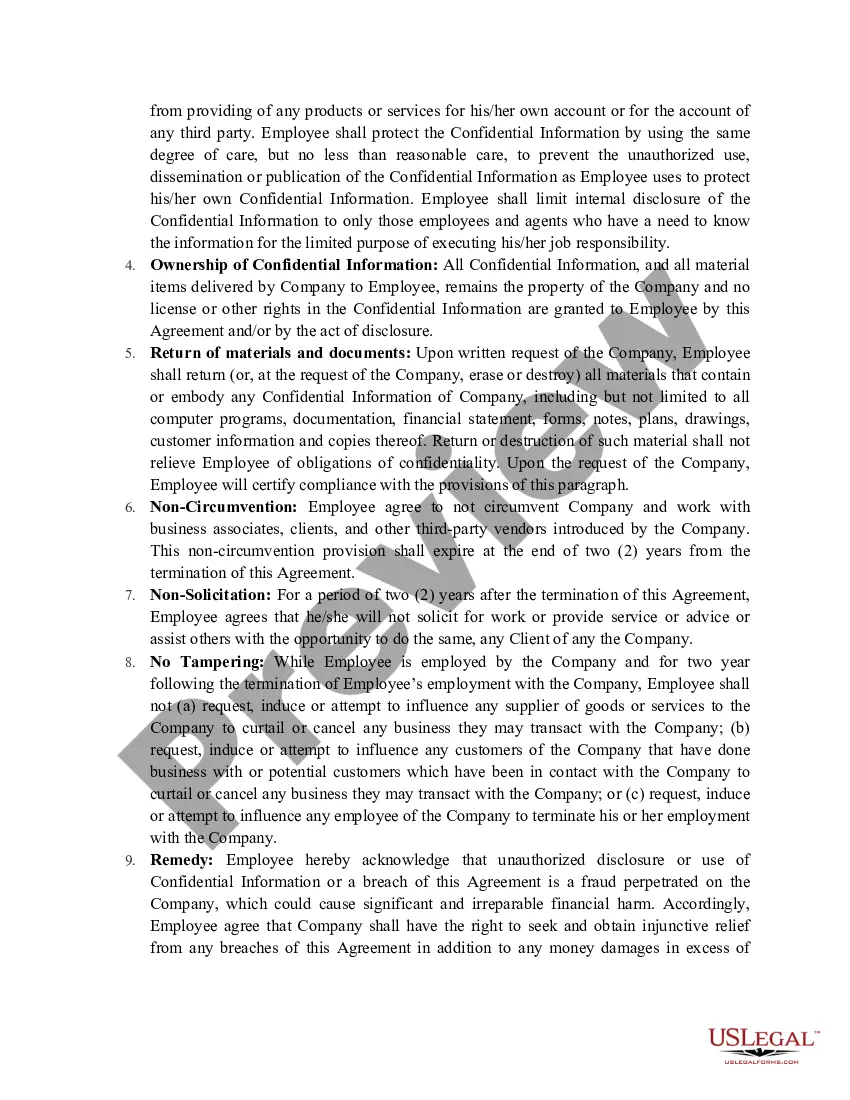 Preview Employee Confidential Agreement between Employee and Employer
