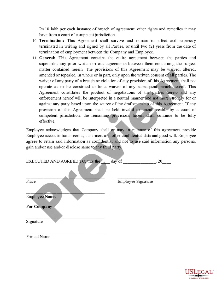 Preview Employee Confidential Agreement between Employee and Employer