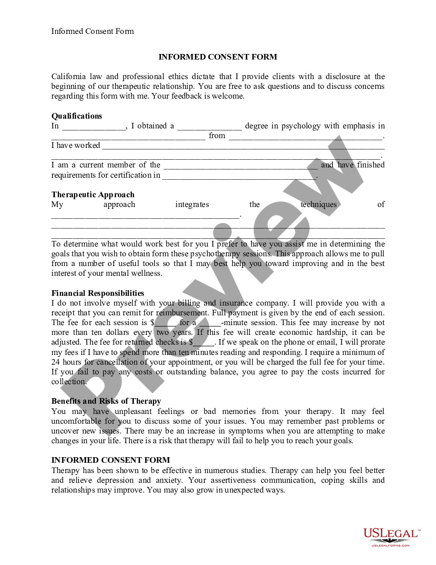 Informed Consent for Counseling Services with References US Legal Forms