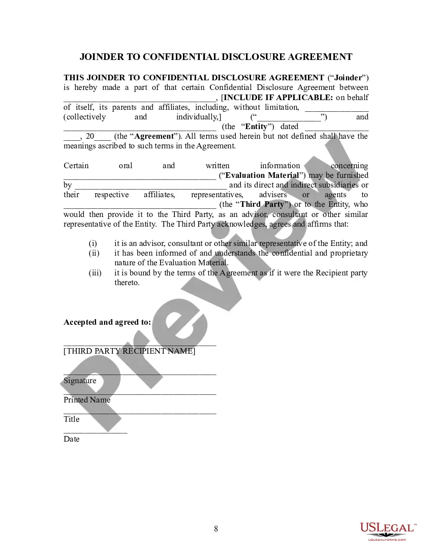 Get Confidential Disclosure Agreement and Joiner to Confidential Disclosure Agreement Preview Confidential Disclosure Agreement and Joiner to Confidential Disclosure Agreement