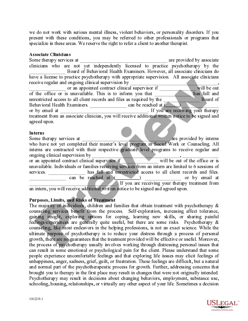 Preview Office Policy and Procedure, Consent and Agreement for Treatment of a Minor for Mental Health Profession