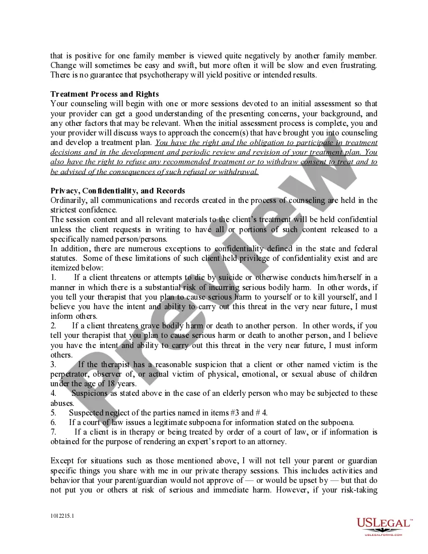 Preview Office Policy and Procedure, Consent and Agreement for Treatment of a Minor for Mental Health Profession