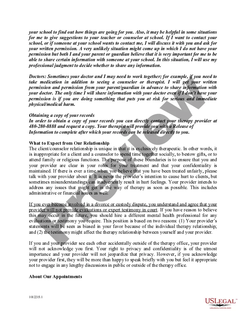 Preview Office Policy and Procedure, Consent and Agreement for Treatment of a Minor for Mental Health Profession