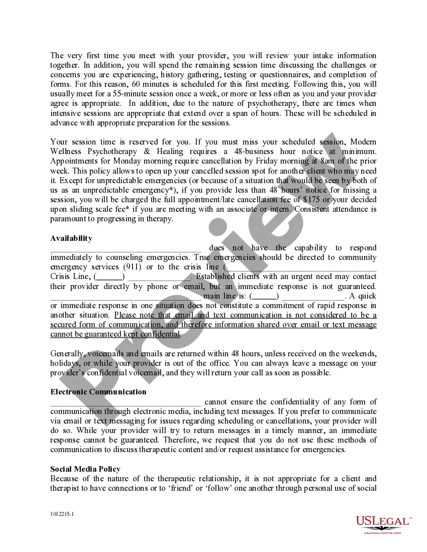 Preview Office Policy and Procedure, Consent and Agreement for Treatment of a Minor for Mental Health Profession