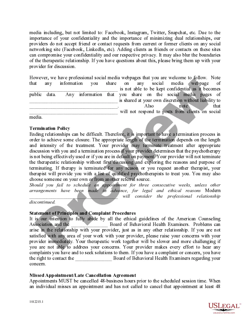 Preview Office Policy and Procedure, Consent and Agreement for Treatment of a Minor for Mental Health Profession